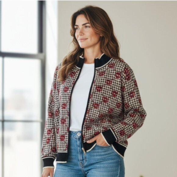 NWT Anne Klein Red Black Chain Detail Houndstooth Gingham Full Zip Cardigan 2X - Picture 2 of 8